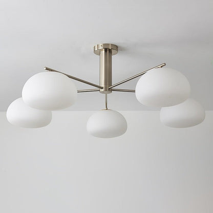 Mid-Century Gold Cross Frame Chandelier with White Glass Globes