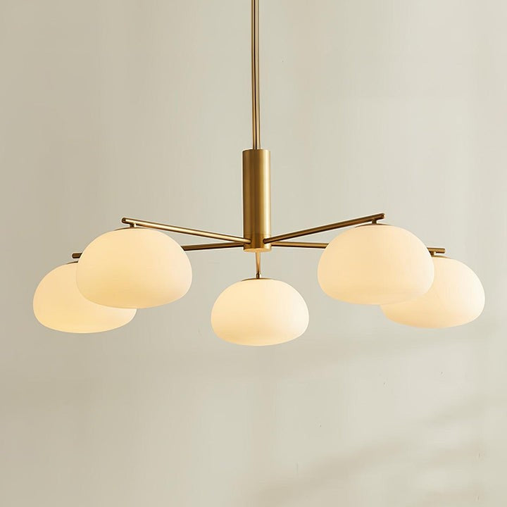 Mid-Century Gold Cross Frame Chandelier with White Glass Globes