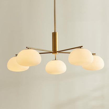 Mid-Century Gold Cross Frame Chandelier with White Glass Globes