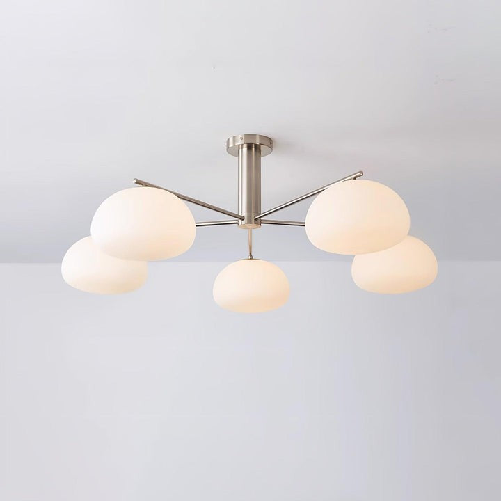 Mid-Century Gold Cross Frame Chandelier with White Glass Globes
