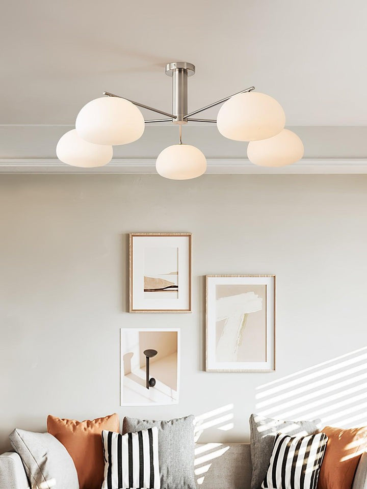 Mid-Century Gold Cross Frame Chandelier with White Glass Globes