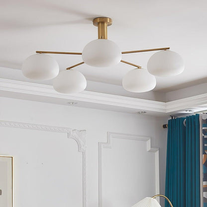 Mid-Century Gold Cross Frame Chandelier with White Glass Globes