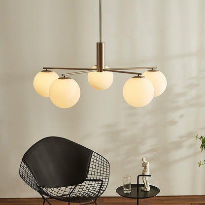 Mid-Century Gold Cross Frame Chandelier with White Glass Globes