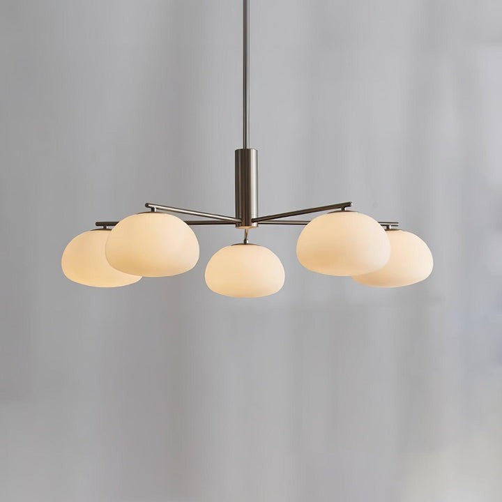 Mid-Century Gold Cross Frame Chandelier with White Glass Globes