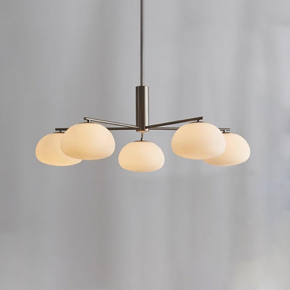 Mid-Century Gold Cross Frame Chandelier with White Glass Globes
