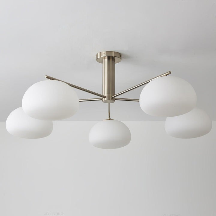 Mid-Century Gold Cross Frame Chandelier with White Glass Globes