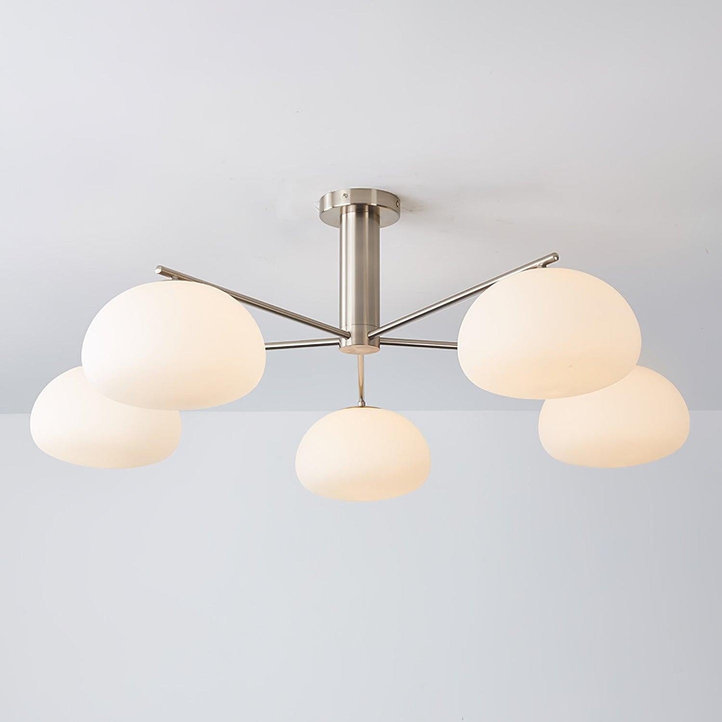 Mid-Century Gold Cross Frame Chandelier with White Glass Globes