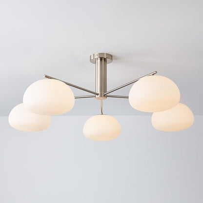 Mid-Century Gold Cross Frame Chandelier with White Glass Globes