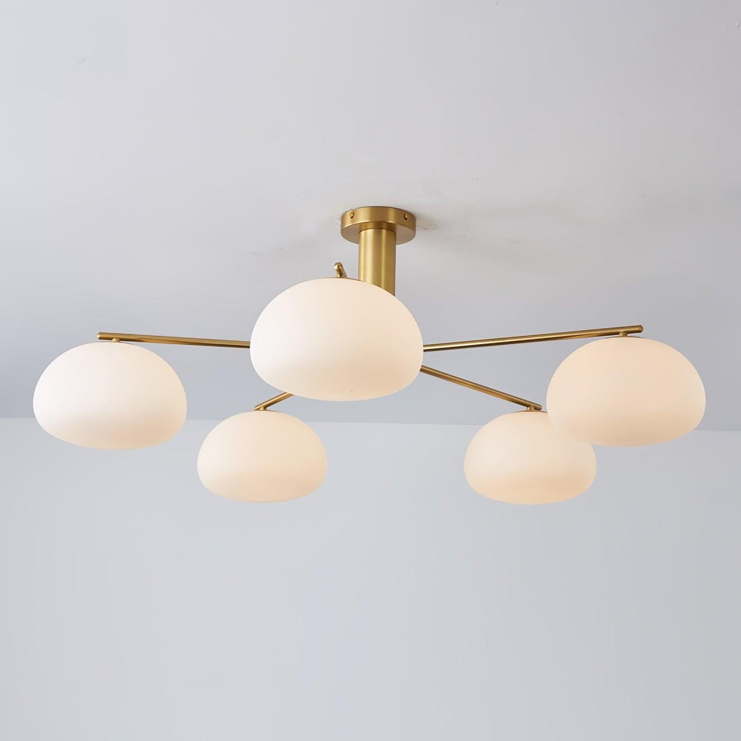 Mid-Century Gold Cross Frame Chandelier with White Glass Globes