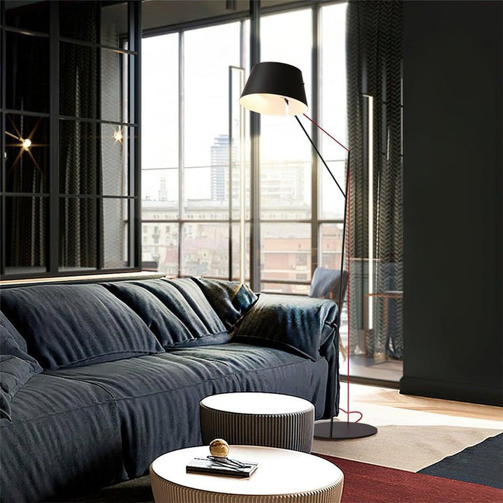 Minimalist Black Floor Lamp with Red Accent Cable