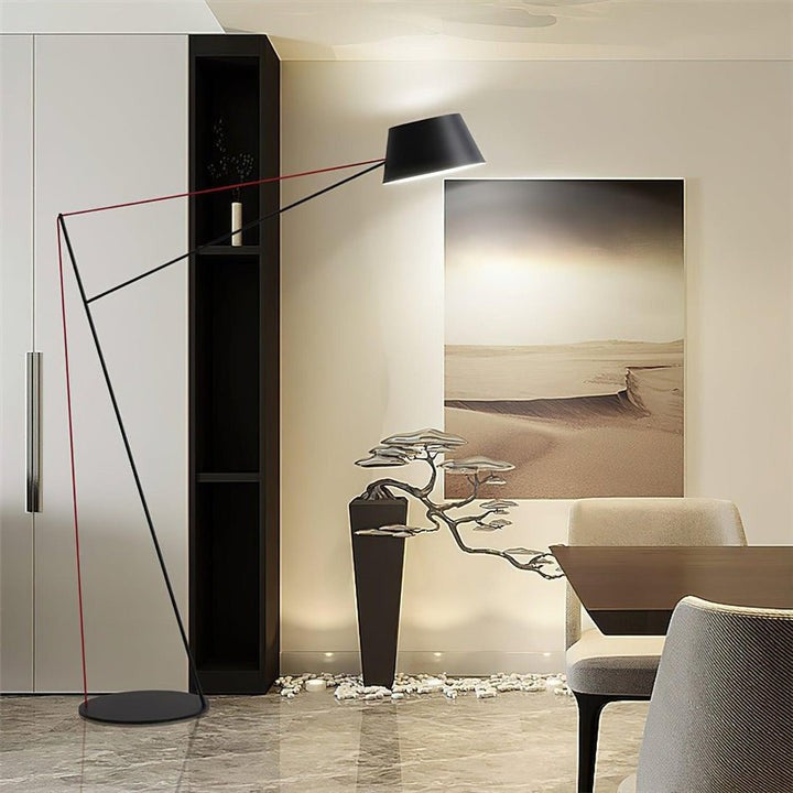 Minimalist Black Floor Lamp with Red Accent Cable
