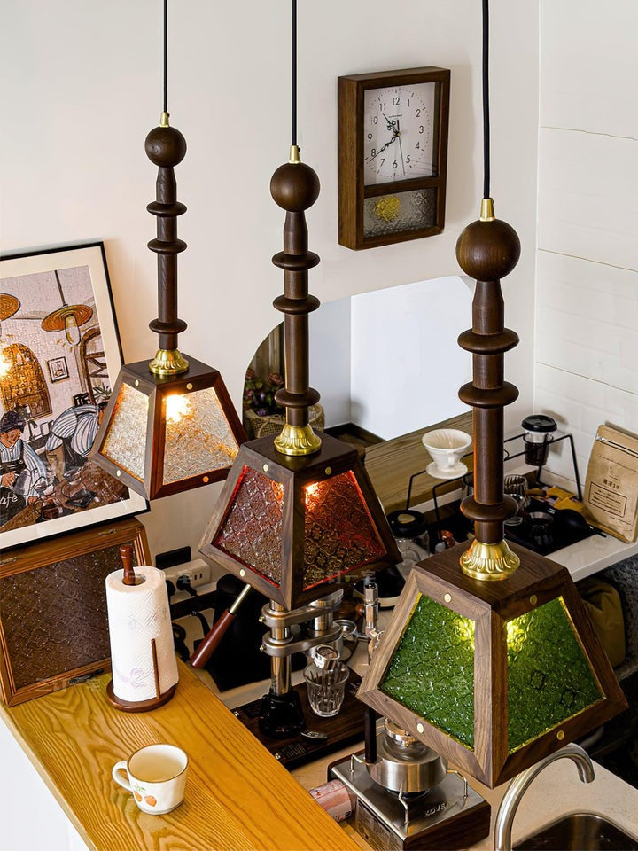 Mission-Style Begonia Glass & Walnut Pendant Light