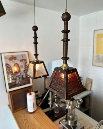 Mission-Style Begonia Glass & Walnut Pendant Light