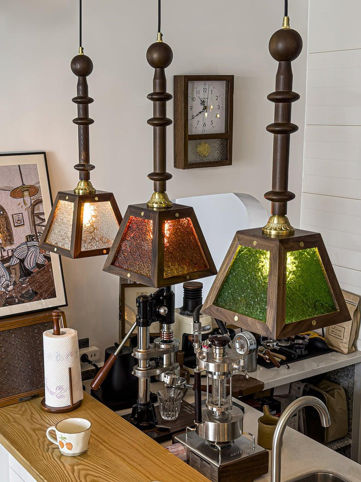 Mission-Style Begonia Glass & Walnut Pendant Light