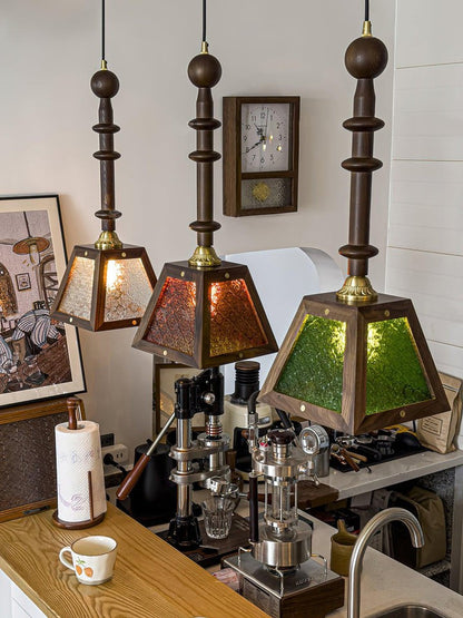 Mission-Style Begonia Glass & Walnut Pendant Light