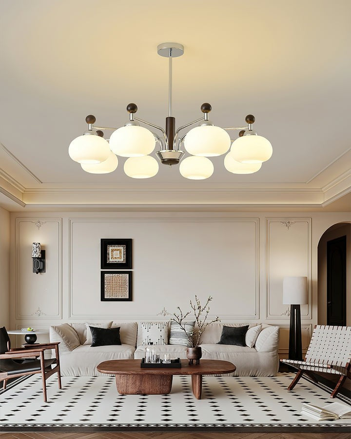 Modern Curved-Arm LED Chandelier with White Shades