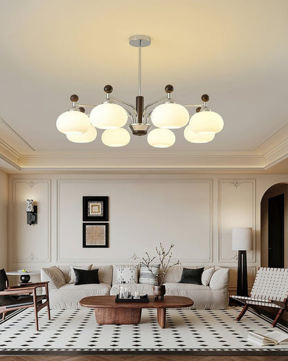 Modern Curved-Arm LED Chandelier with White Shades