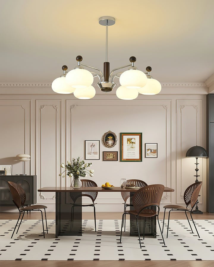 Modern Curved-Arm LED Chandelier with White Shades