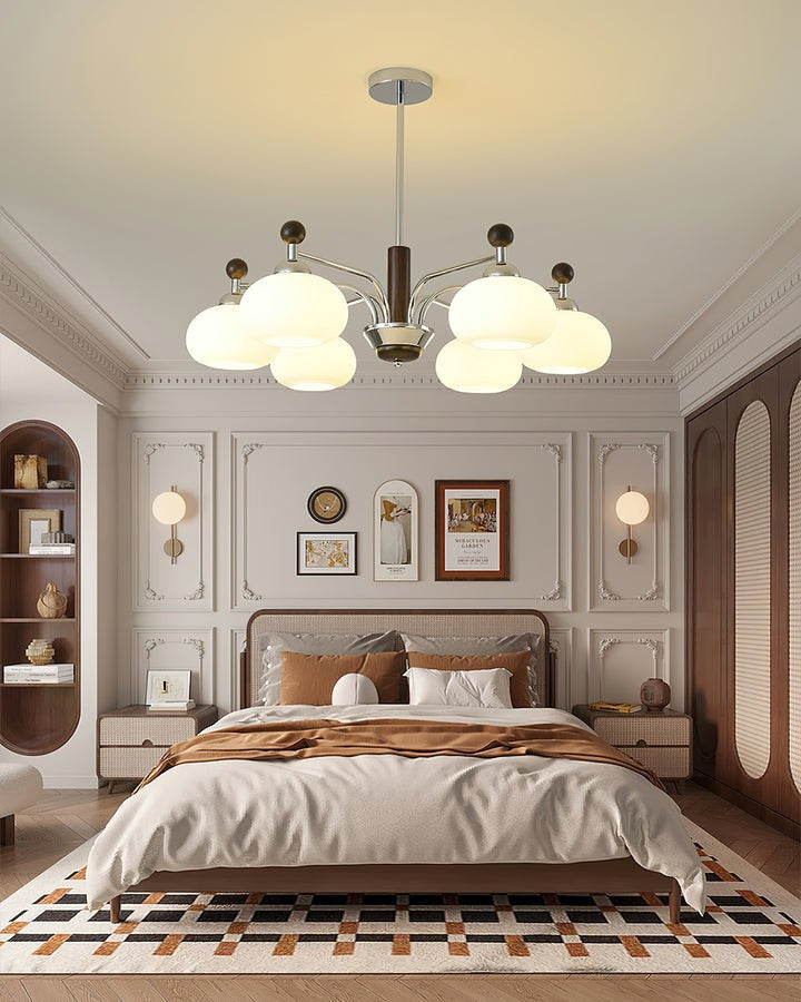 Modern Curved-Arm LED Chandelier with White Shades