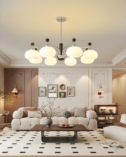 Modern Curved-Arm LED Chandelier with White Shades
