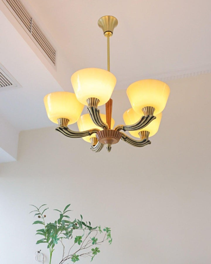 Modern Glass & Brass Hurricane-Style Ceiling Chandelier