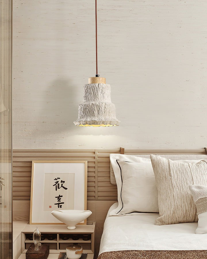 Natural Travertine Boulder Pendant Light with Wood Accents