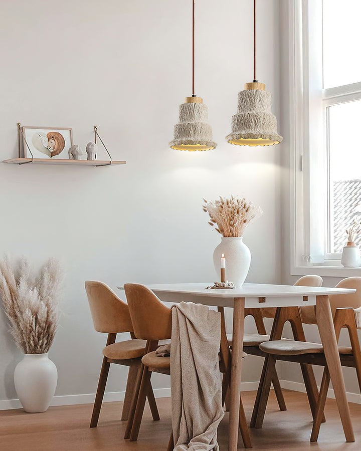 Natural Travertine Boulder Pendant Light with Wood Accents