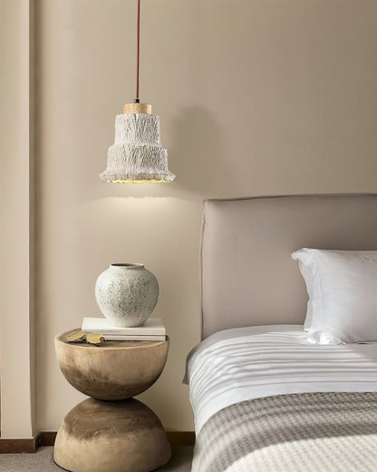 Natural Travertine Boulder Pendant Light with Wood Accents