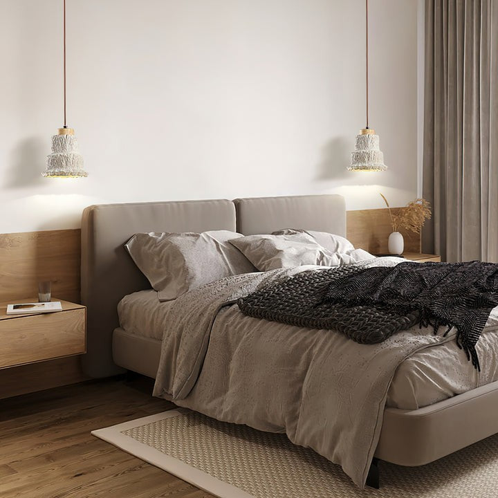 Natural Travertine Boulder Pendant Light with Wood Accents
