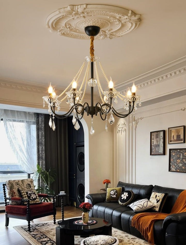 Opulent Black Iron &amp; Crystal Ceiling Chandelier