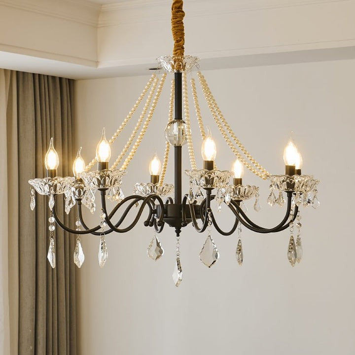 Opulent Black Iron &amp; Crystal Ceiling Chandelier