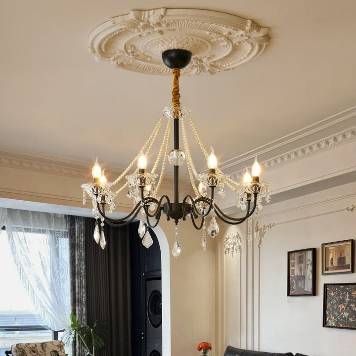 Opulent Black Iron &amp; Crystal Ceiling Chandelier