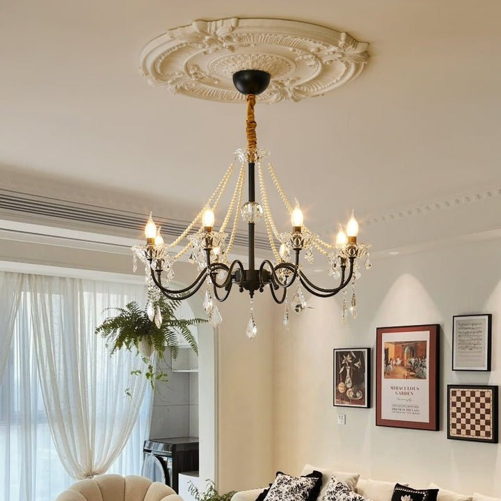 Opulent Black Iron &amp; Crystal Ceiling Chandelier