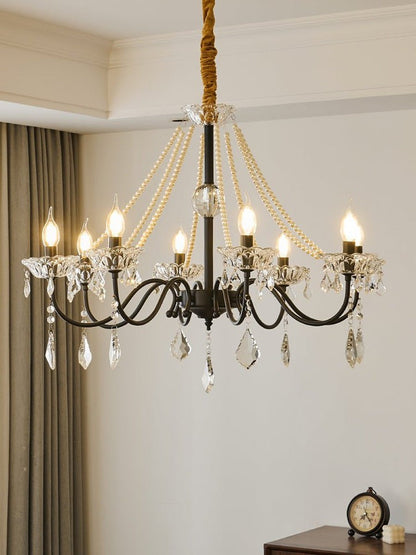 Opulent Black Iron &amp; Crystal Ceiling Chandelier