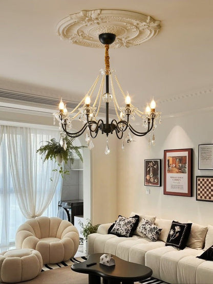 Opulent Black Iron &amp; Crystal Ceiling Chandelier
