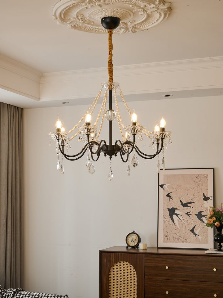 Opulent Black Iron &amp; Crystal Ceiling Chandelier