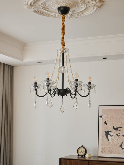 Opulent Black Iron &amp; Crystal Ceiling Chandelier