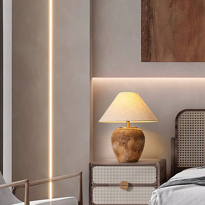 Organic Ceramic Table Lamp with Neutral Linen Shade