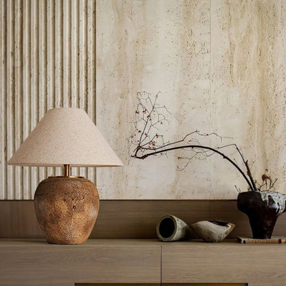 Organic Ceramic Table Lamp with Neutral Linen Shade
