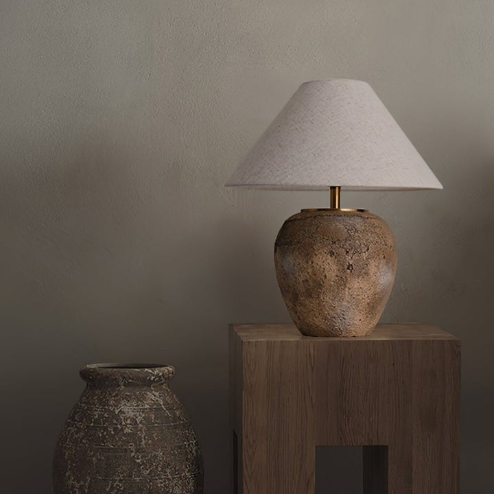 Organic Ceramic Table Lamp with Neutral Linen Shade