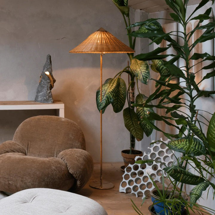 Rattan Stem Floor Lamp with White Fabric Shade
