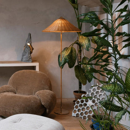 Rattan Stem Floor Lamp with White Fabric Shade