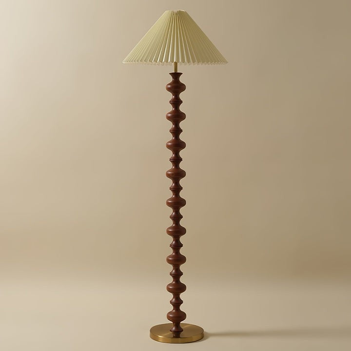 Rhythmic Sculpted Wooden Floor Lamp with Pleated Shade