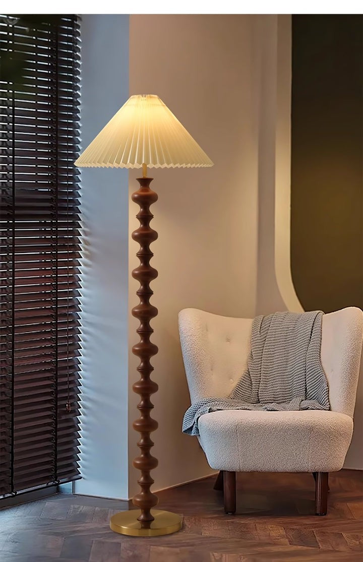 Rhythmic Sculpted Wooden Floor Lamp with Pleated Shade
