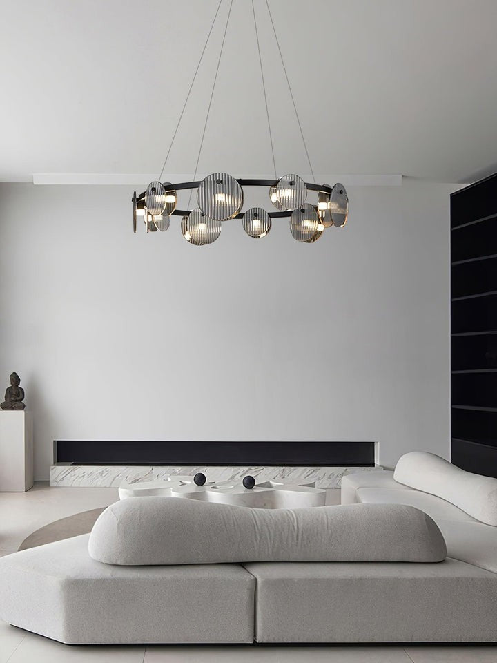 Round Black Metal LED Chandelier with Smoky Glass Shades