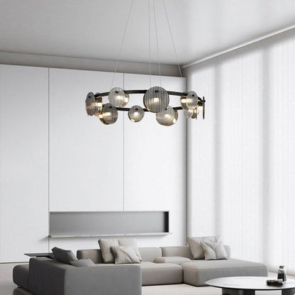 Round Black Metal LED Chandelier with Smoky Glass Shades