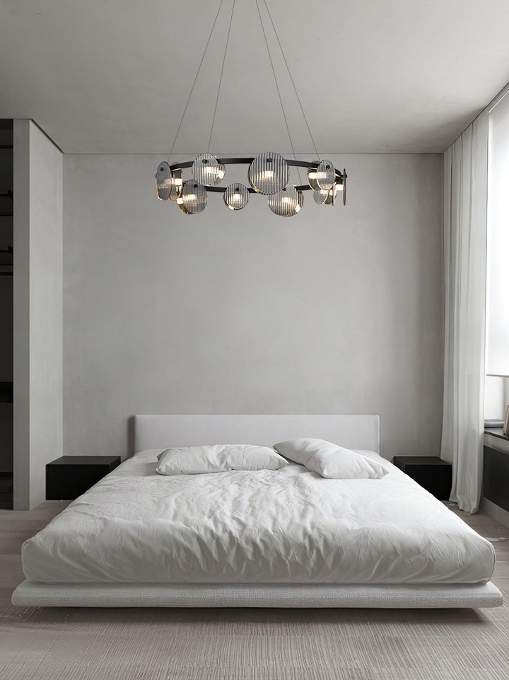 Round Black Metal LED Chandelier with Smoky Glass Shades