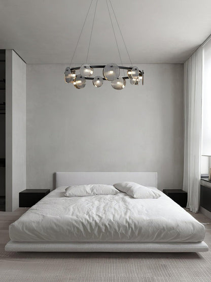 Round Black Metal LED Chandelier with Smoky Glass Shades