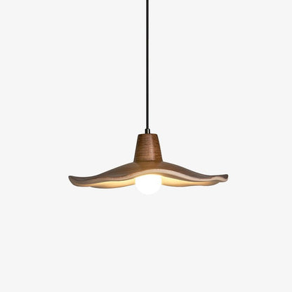 Ruffled Resin Pendant Light with Walnut Wood-Grain Shade