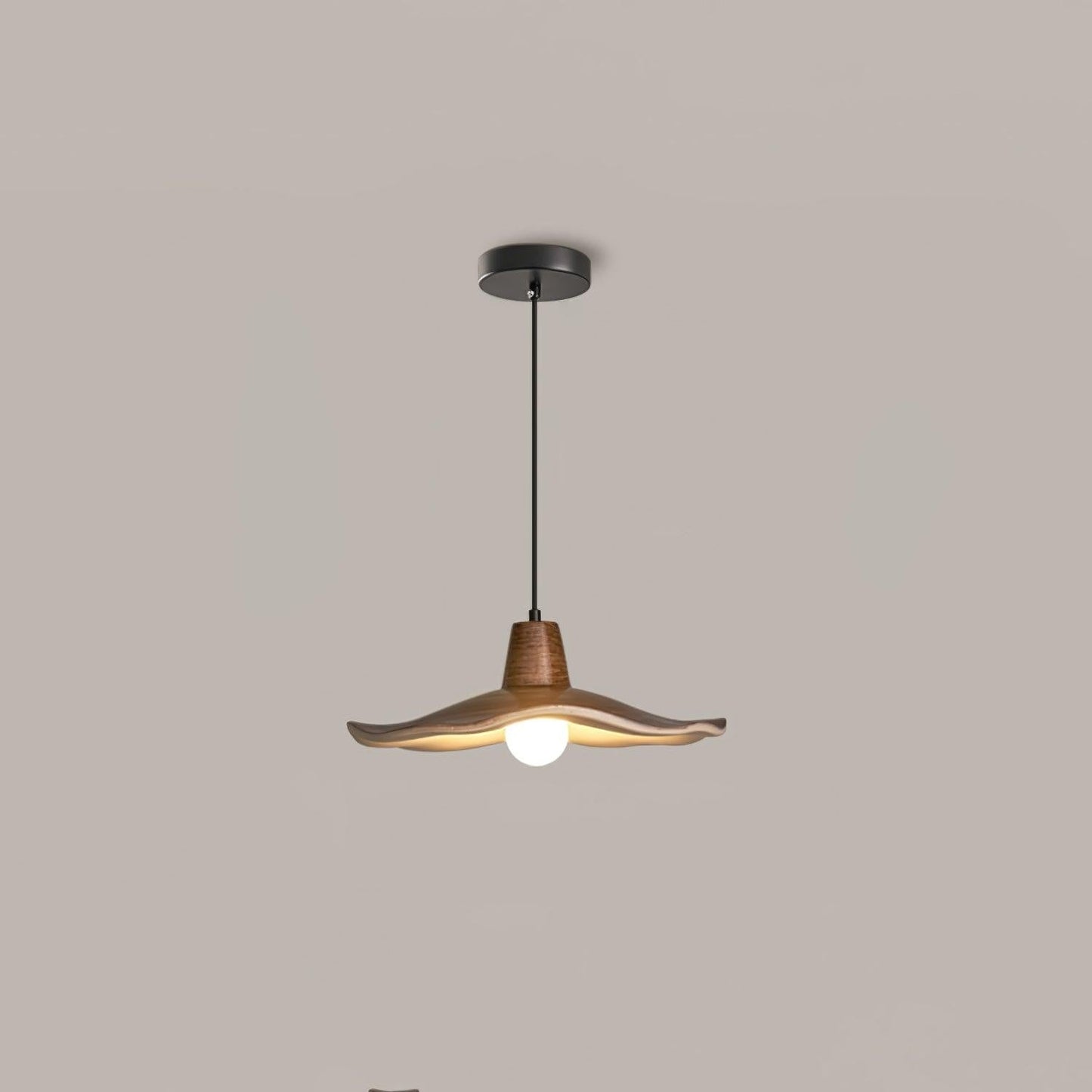 Ruffled Resin Pendant Light with Walnut Wood-Grain Shade